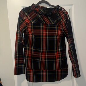 J. Crew Plaid Embellished Shoulder Long-Sleeve Top